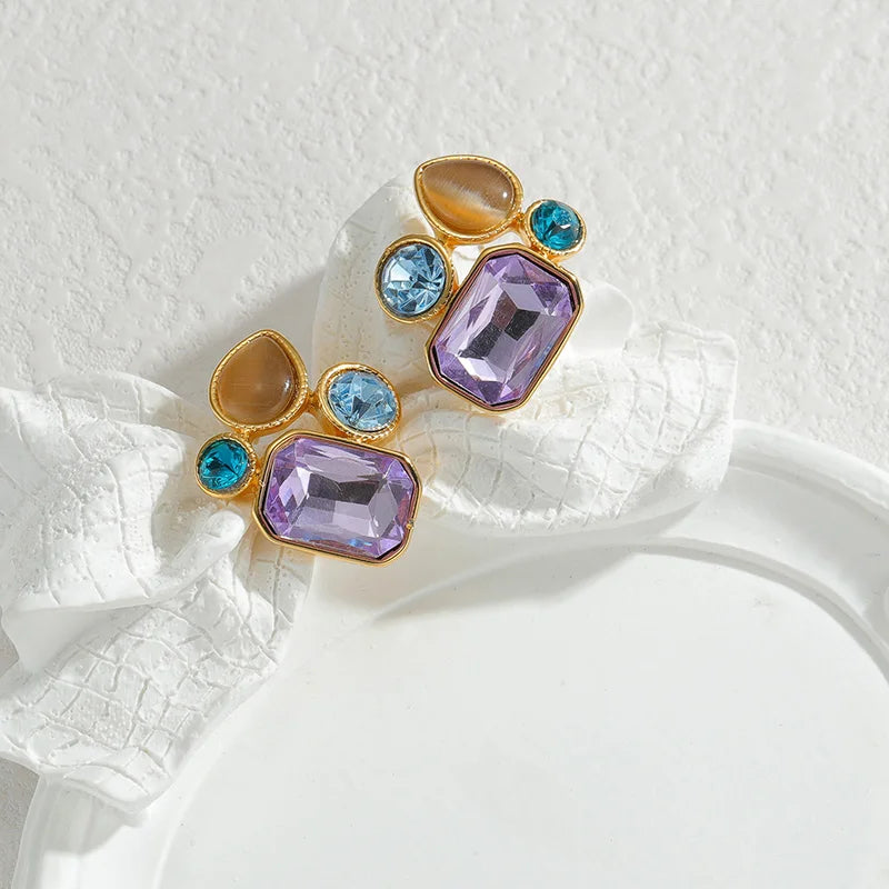 Luxury Colorful Gemstone Stud Earrings – 18K Gold-Plated Statement Crystal Earring - Lunelle London