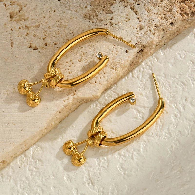 Gold Cherry Hoop Earrings – Luxury Stainless Steel Drop Earrings with Crystal Accent - Lunelle London