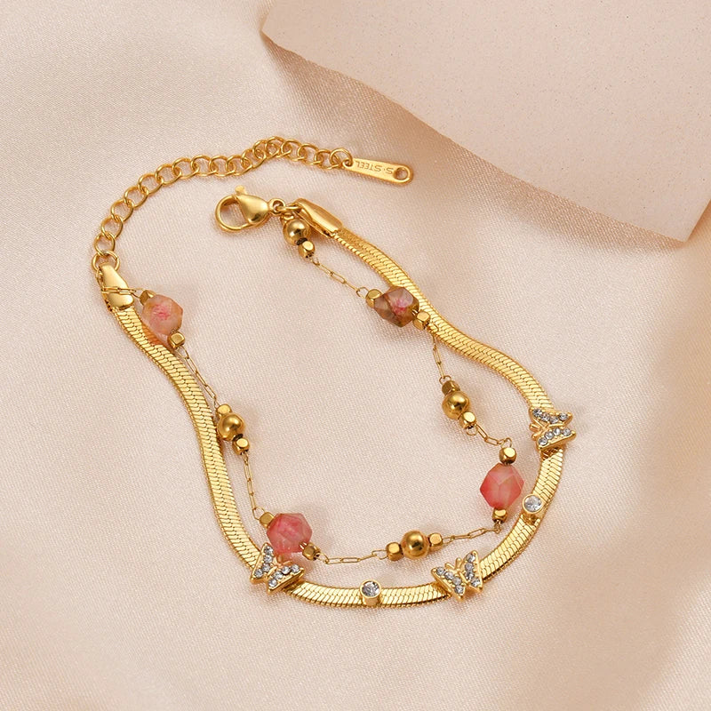 Luxury Gold Butterfly Charm Bracelet – Double-Layer Stainless Steel Chain with Pink Crystal Beads and CZ Stones - Lunelle London