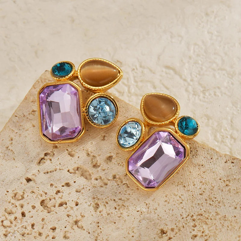 Luxury Colorful Gemstone Stud Earrings – 18K Gold-Plated Statement Crystal Earring - Lunelle London