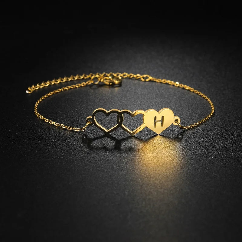 Personalised Triple Heart Initial Anklet – Custom Gold Chain Anklet - Lunelle London