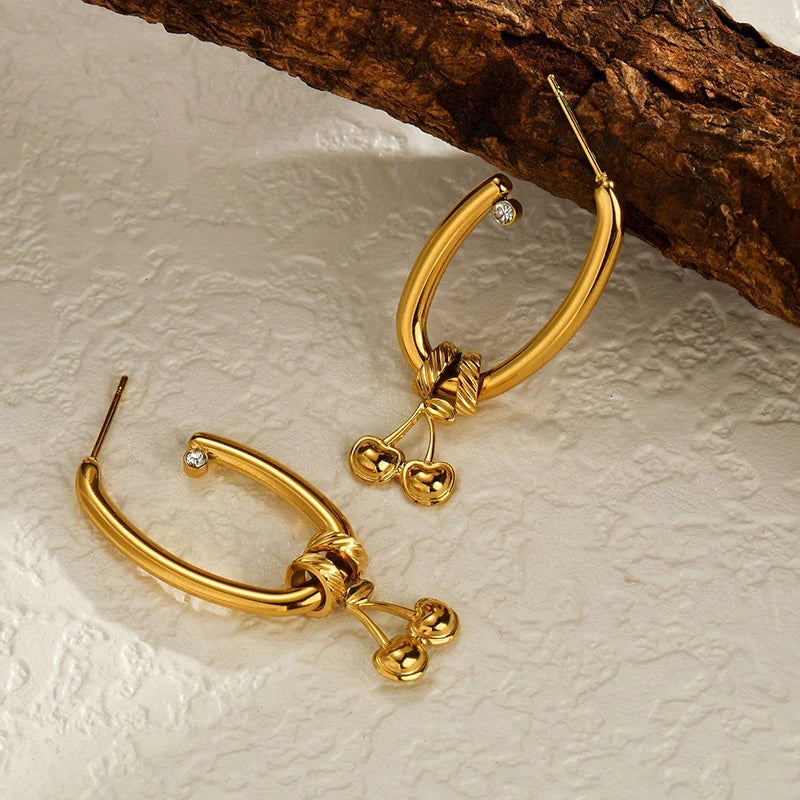 Gold Cherry Hoop Earrings – Luxury Stainless Steel Drop Earrings with Crystal Accent - Lunelle London