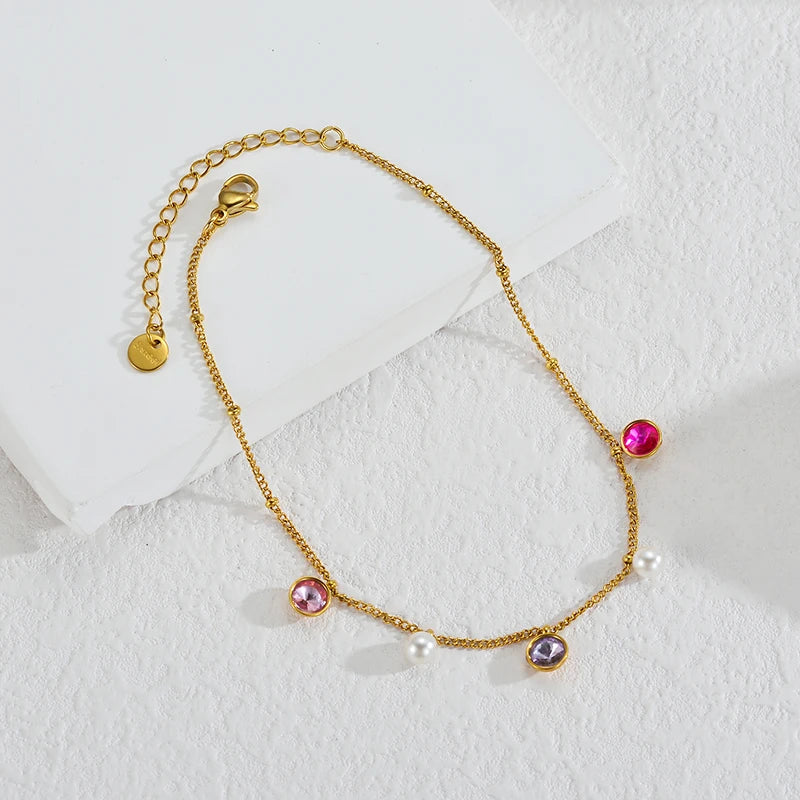 Luxury Gold Charm Anklet – Colorful Crystal, Pearl & Pendant Chain Anklet - Lunelle London