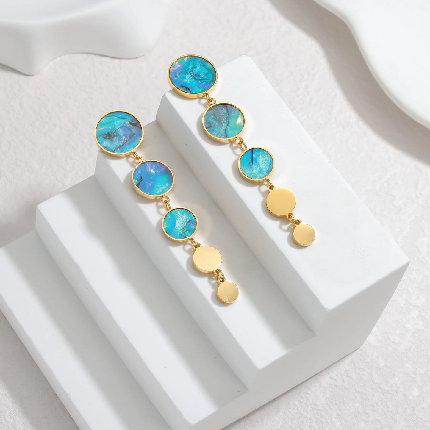 Gold Geometric Round Drop Earrings - Resin & Enamel Disc Dangle Earrings - Lunelle London