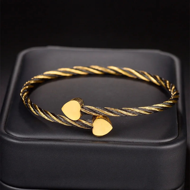 Fashion Stainless Steel Heart Bangle For Women Gold Color With Black Twist Bracelets Girl Jewelry Party Gift - Lunelle London