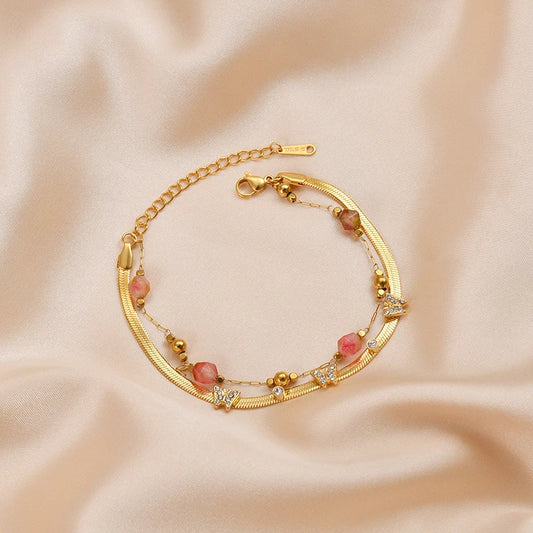 Luxury Gold Butterfly Charm Bracelet – Double-Layer Stainless Steel Chain with Pink Crystal Beads and CZ Stones - Lunelle London