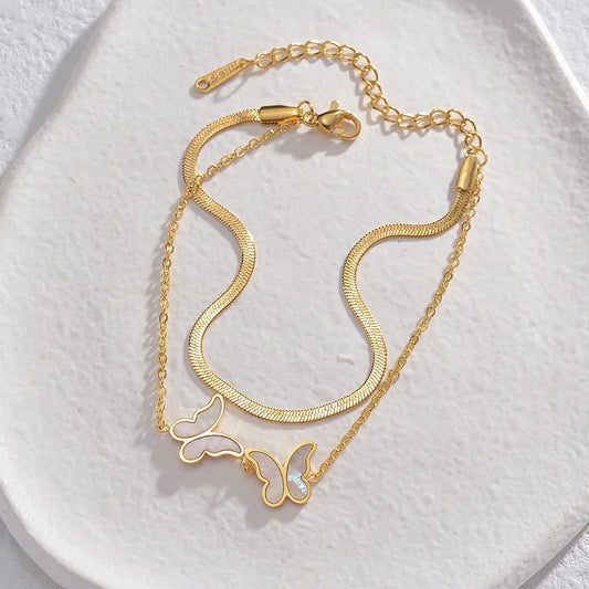 Gold Stainless Steel Double-Layer Butterfly Bracelet – Adjustable Chain with Mother of Pearl Inlay - Lunelle London