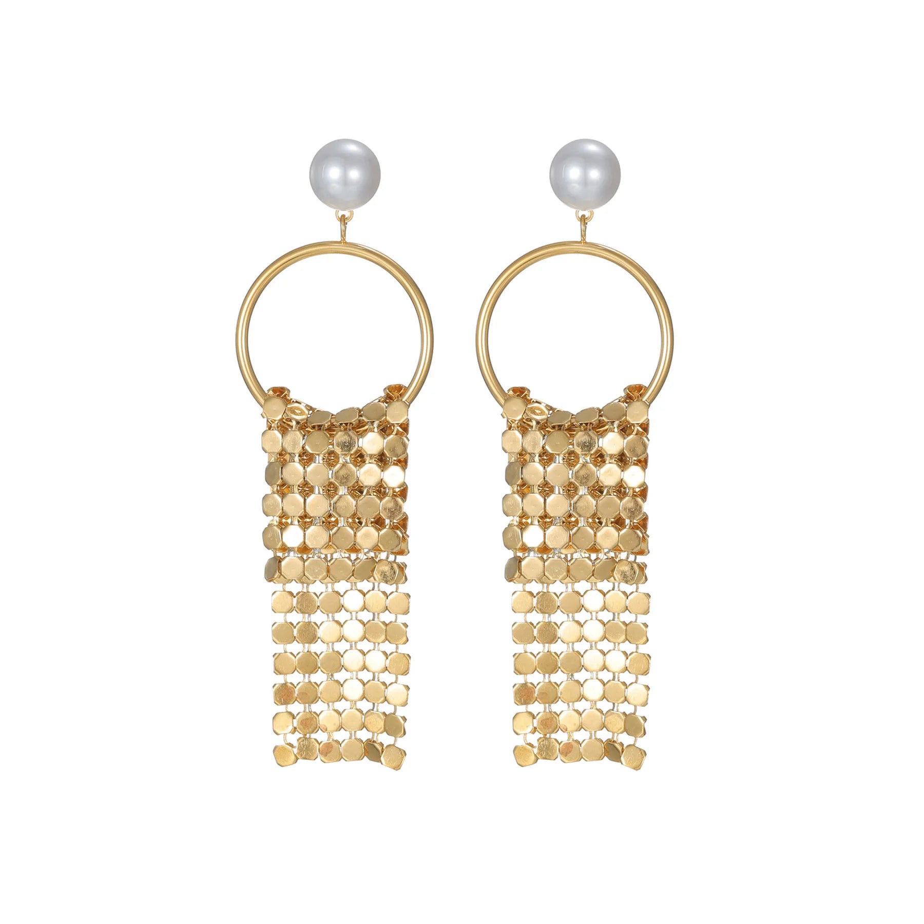 Elegant Pearl Mesh Tassel Earrings - Gold & Silver Long Drop Statement Earring - Lunelle London
