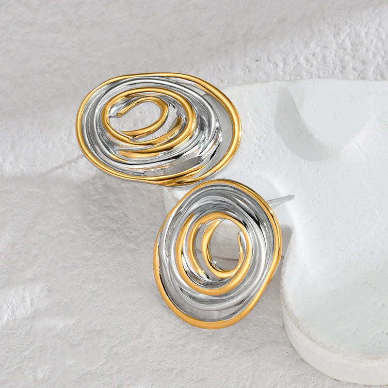 Gold & Silver Geometric Statement Earrings – Modern Stainless Steel Stud Earring - Lunelle London