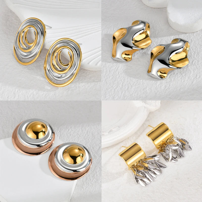 Gold & Silver Geometric Statement Earrings – Modern Stainless Steel Stud Earring - Lunelle London
