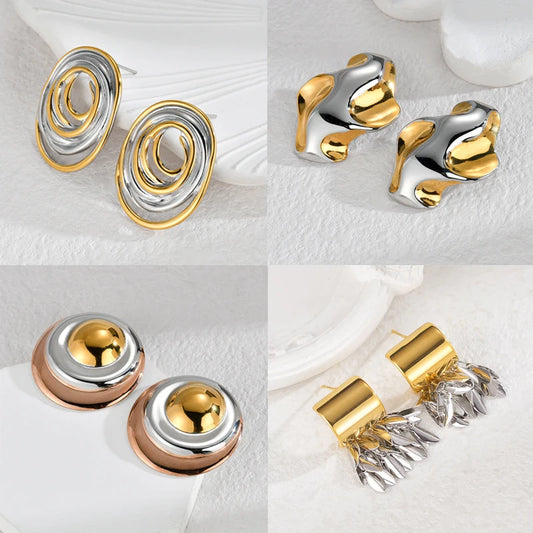Gold & Silver Geometric Statement Earrings – Modern Stainless Steel Stud Earring - Lunelle London