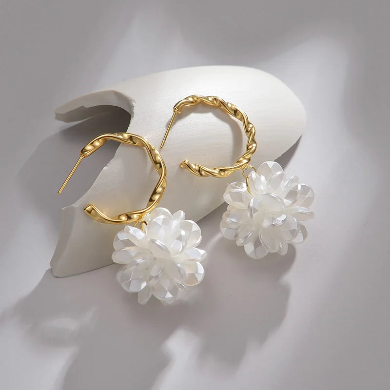 Gold Twisted Hoop Flower Earrings – Classic White Petal Drop Earring - Lunelle London