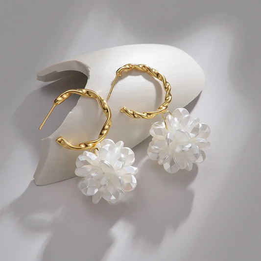 Gold Twisted Hoop Flower Earrings – Classic White Petal Drop Earring - Lunelle London