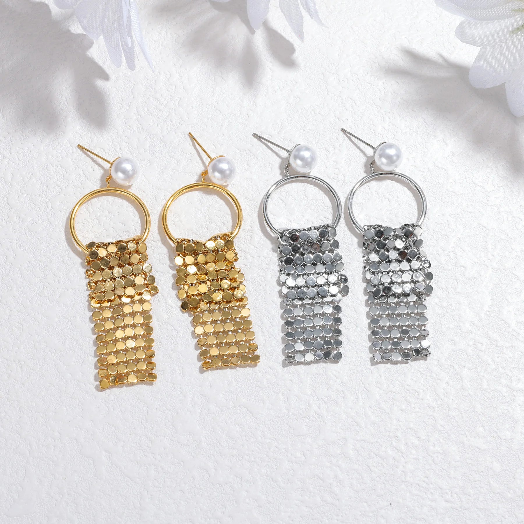 Elegant Pearl Mesh Tassel Earrings - Gold & Silver Long Drop Statement Earring - Lunelle London