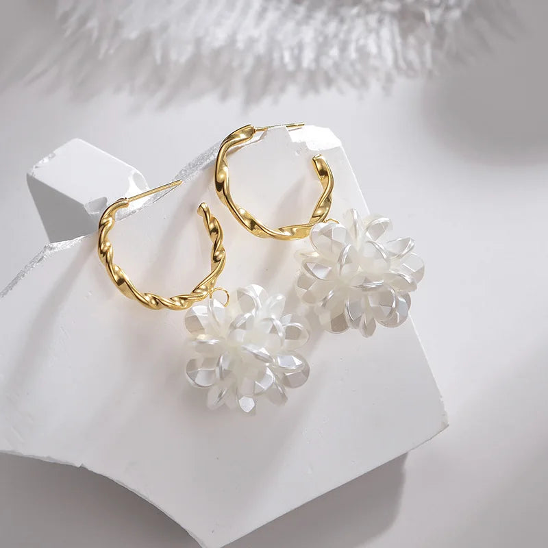 Gold Twisted Hoop Flower Earrings – Classic White Petal Drop Earring - Lunelle London