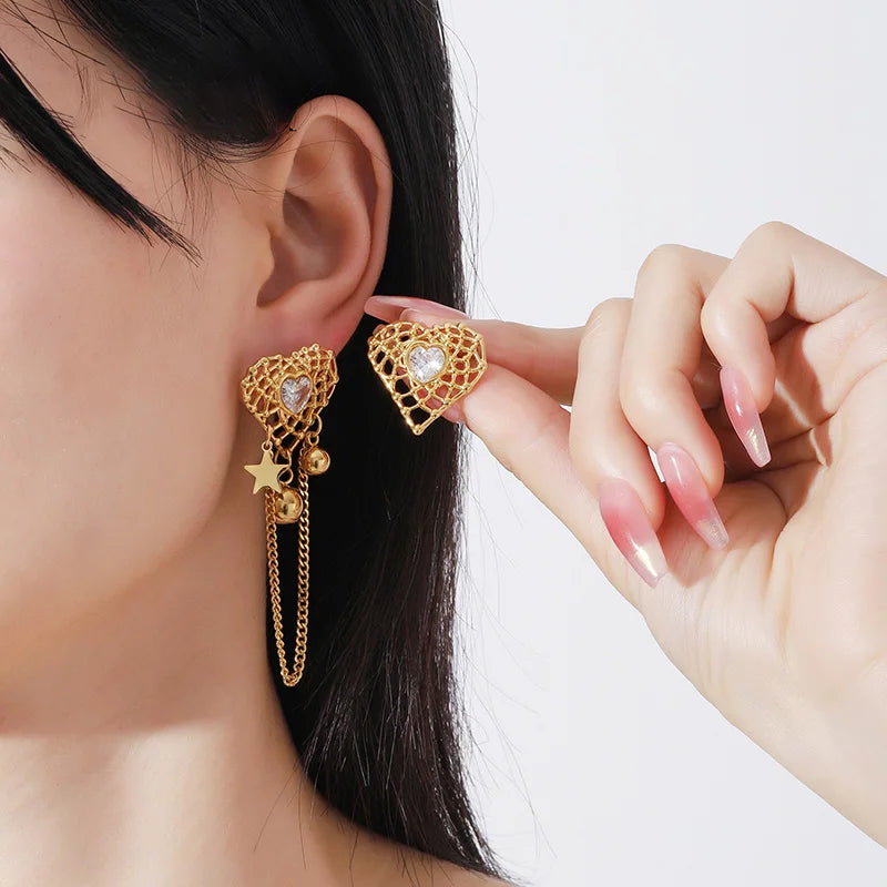 Gold Heart Mesh Drop Earrings with Crystal Center & Chain Dangle - Lunelle London