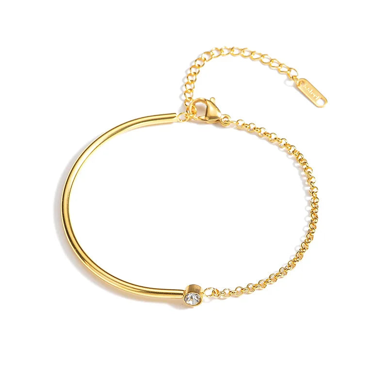 Luxury Stainless Steel Minimalist Bangle Bracelet – Adjustable Gold & Silver Chain Design with Crystal Accent - Lunelle London