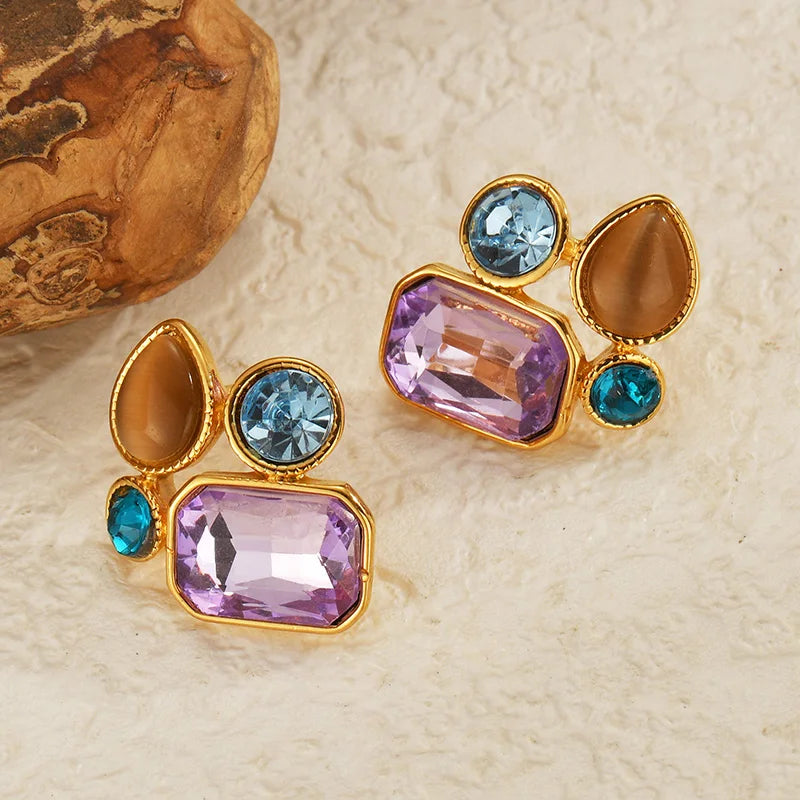 Luxury Colorful Gemstone Stud Earrings – 18K Gold-Plated Statement Crystal Earring - Lunelle London