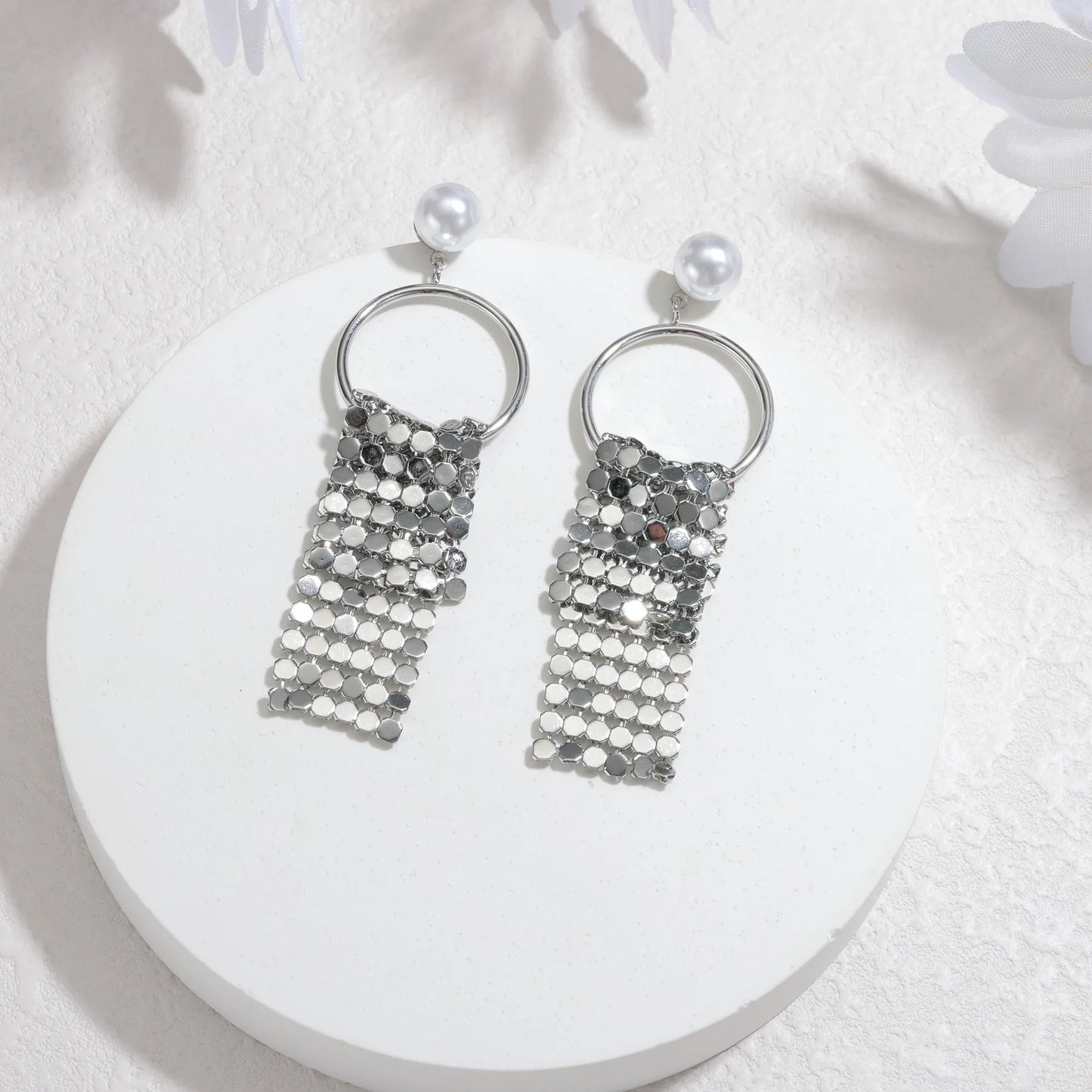 Elegant Pearl Mesh Tassel Earrings - Gold & Silver Long Drop Statement Earring - Lunelle London