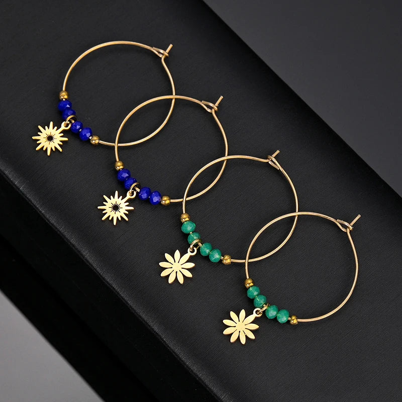 Gold Beaded Flower Charm Hoop Earrings – Elegant Sunflower Dangle Hoops - Lunelle London