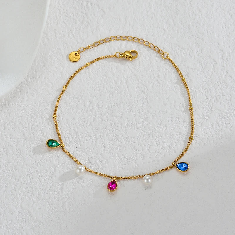Luxury Gold Charm Anklet – Colorful Crystal, Pearl & Pendant Chain Anklet - Lunelle London