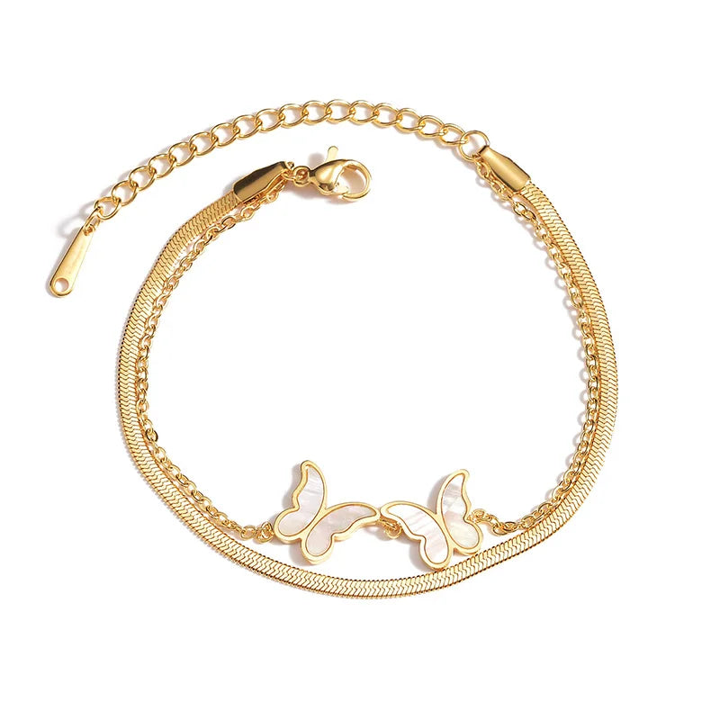 Gold Stainless Steel Double-Layer Butterfly Bracelet – Adjustable Chain with Mother of Pearl Inlay - Lunelle London