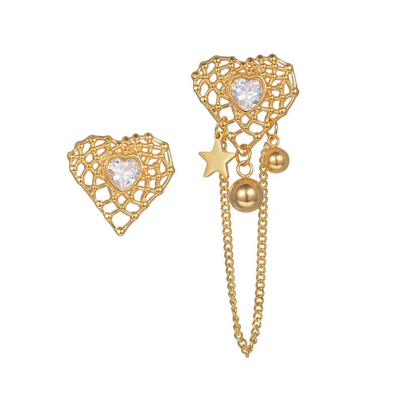 Gold Heart Mesh Drop Earrings with Crystal Center & Chain Dangle - Lunelle London