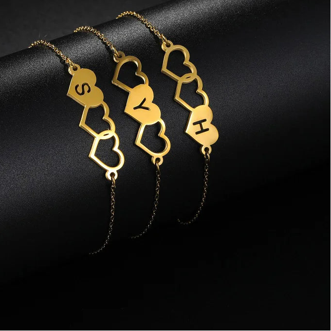 Personalised Triple Heart Initial Anklet – Custom Gold Chain Anklet - Lunelle London