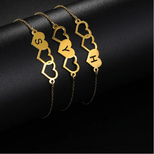 Personalised Triple Heart Initial Anklet – Custom Gold Chain Anklet - Lunelle London
