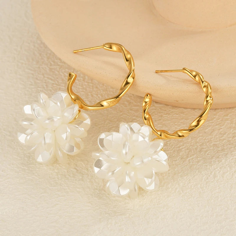 Gold Twisted Hoop Flower Earrings – Classic White Petal Drop Earring - Lunelle London