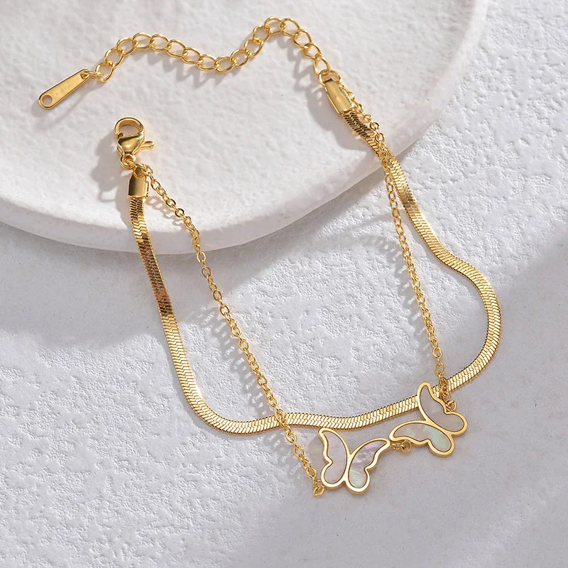 Gold Stainless Steel Double-Layer Butterfly Bracelet – Adjustable Chain with Mother of Pearl Inlay - Lunelle London