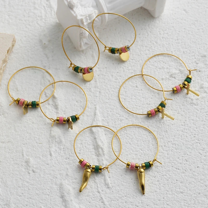 Gold Beaded Charm Hoop Earrings - Lunelle London