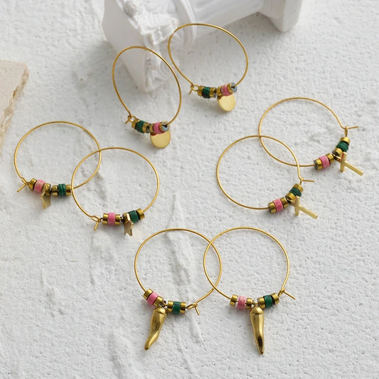 Gold Beaded Charm Hoop Earrings - Lunelle London