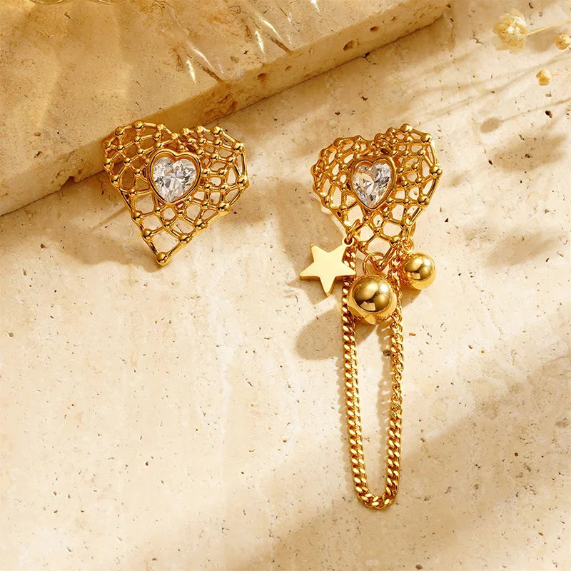 Gold Heart Mesh Drop Earrings with Crystal Center & Chain Dangle - Lunelle London