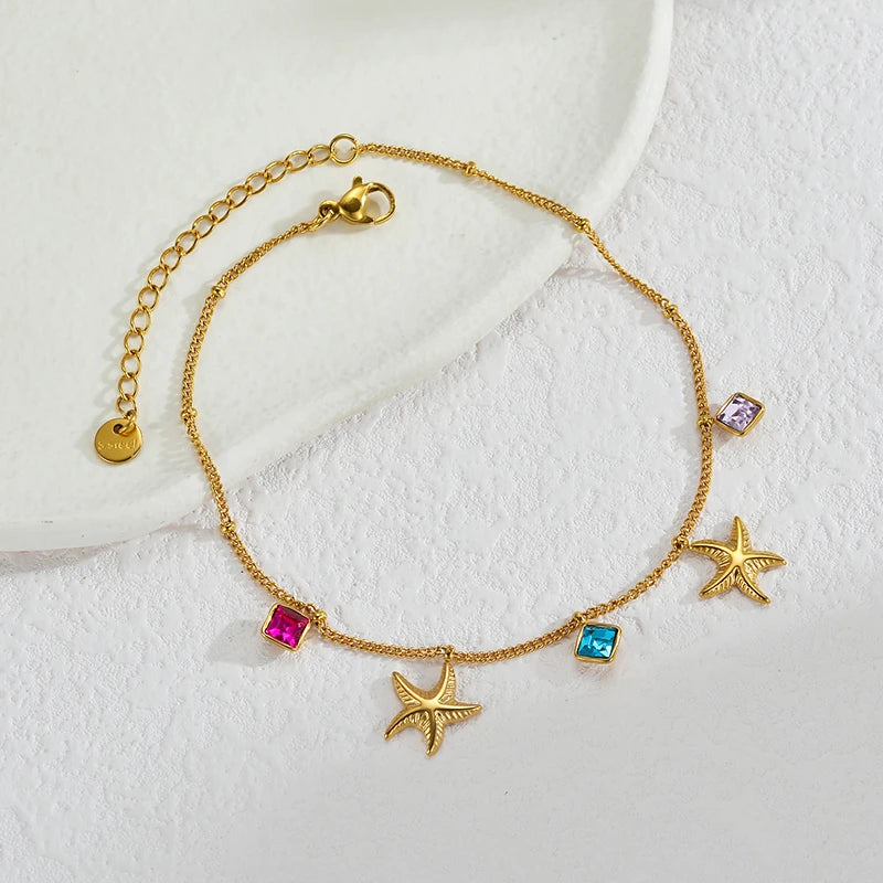 Luxury Gold Charm Anklet – Colorful Crystal, Pearl & Pendant Chain Anklet - Lunelle London
