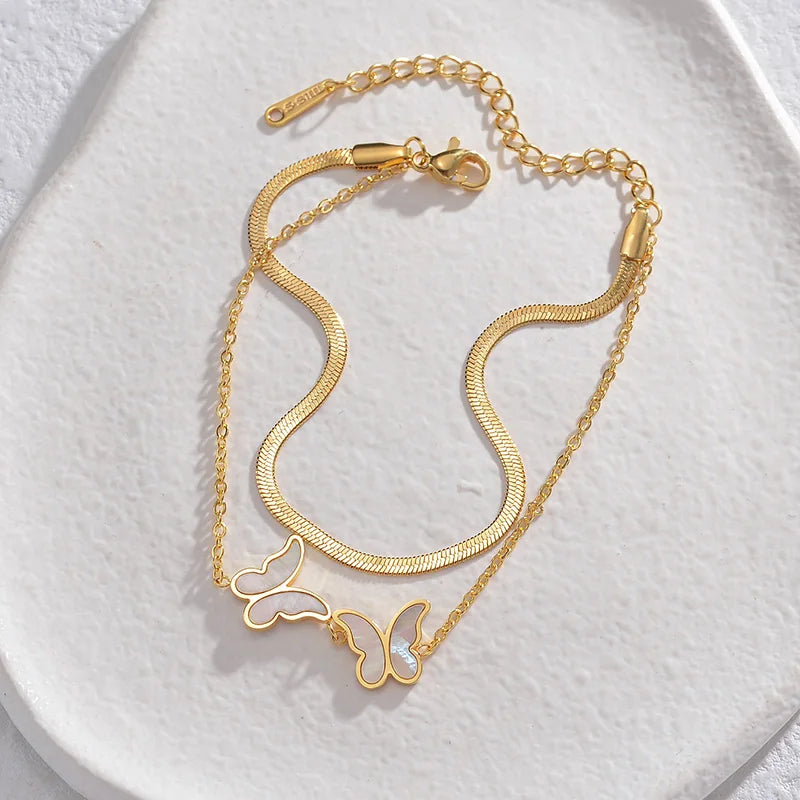 Gold Stainless Steel Double-Layer Butterfly Bracelet – Adjustable Chain with Mother of Pearl Inlay - Lunelle London
