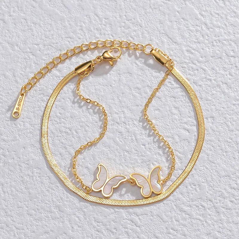 Gold Stainless Steel Double-Layer Butterfly Bracelet – Adjustable Chain with Mother of Pearl Inlay - Lunelle London