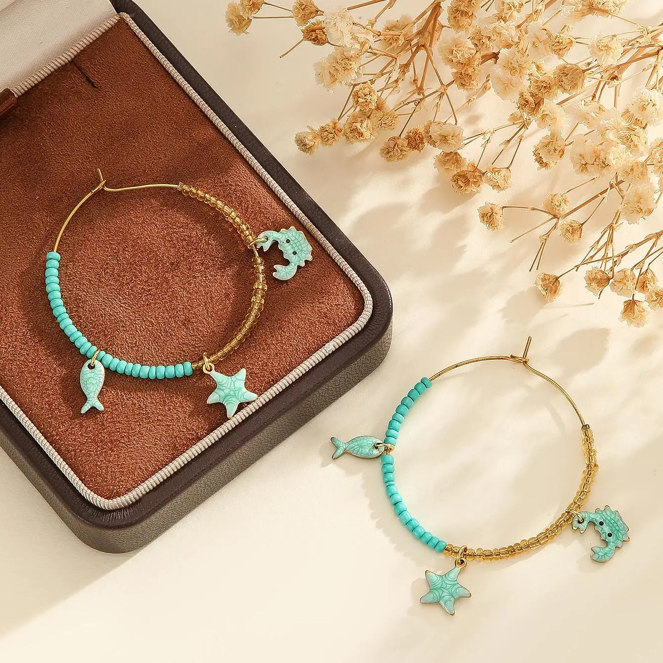 Gold Ocean Charm Hoop Earrings - Lunelle London