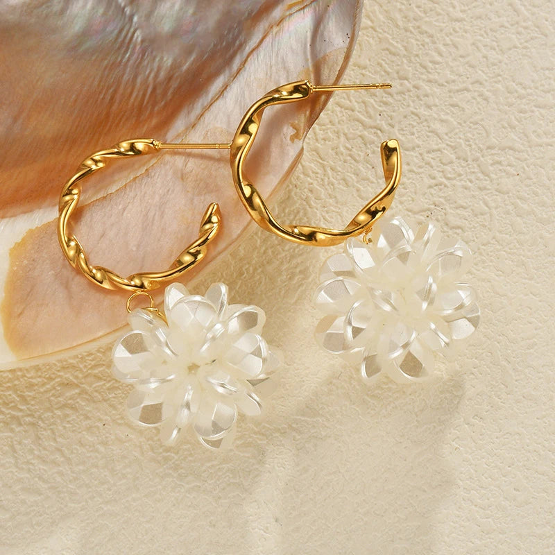 Gold Twisted Hoop Flower Earrings – Classic White Petal Drop Earring - Lunelle London