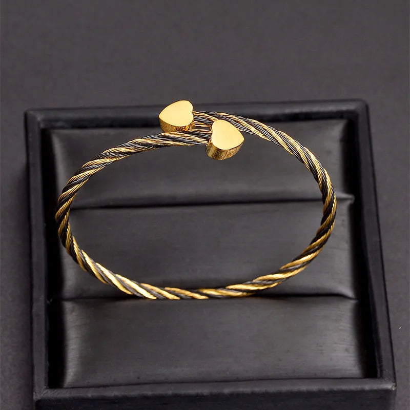 Fashion Stainless Steel Heart Bangle For Women Gold Color With Black Twist Bracelets Girl Jewelry Party Gift - Lunelle London