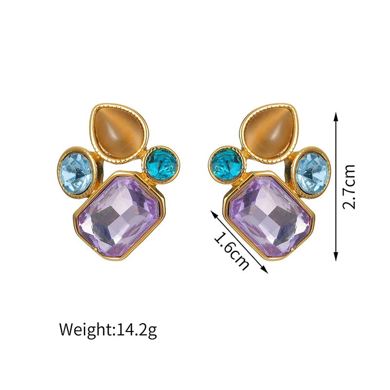 Luxury Colorful Gemstone Stud Earrings – 18K Gold-Plated Statement Crystal Earring - Lunelle London