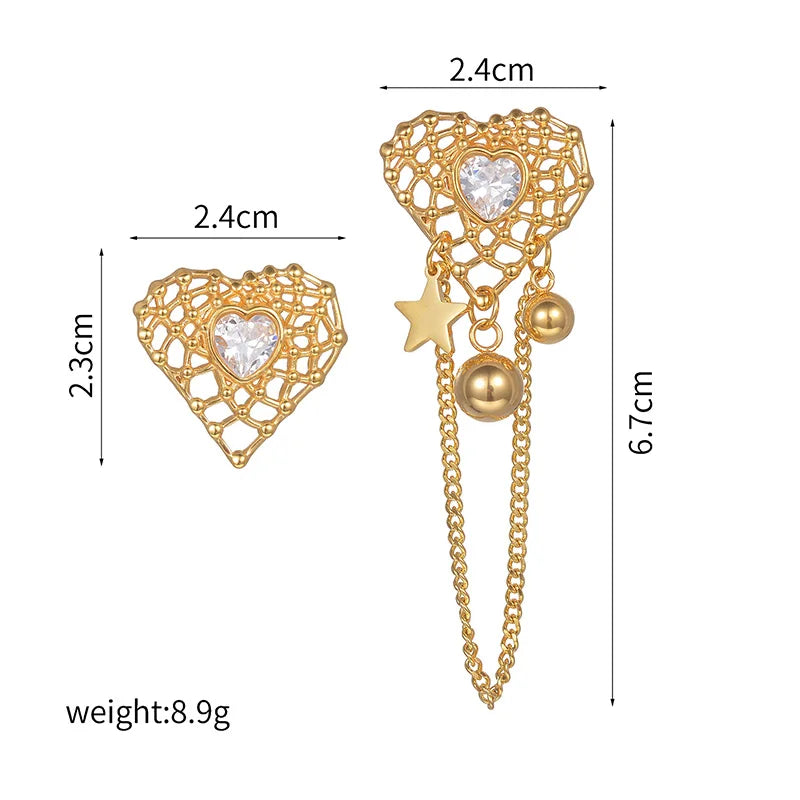 Gold Heart Mesh Drop Earrings with Crystal Center & Chain Dangle - Lunelle London
