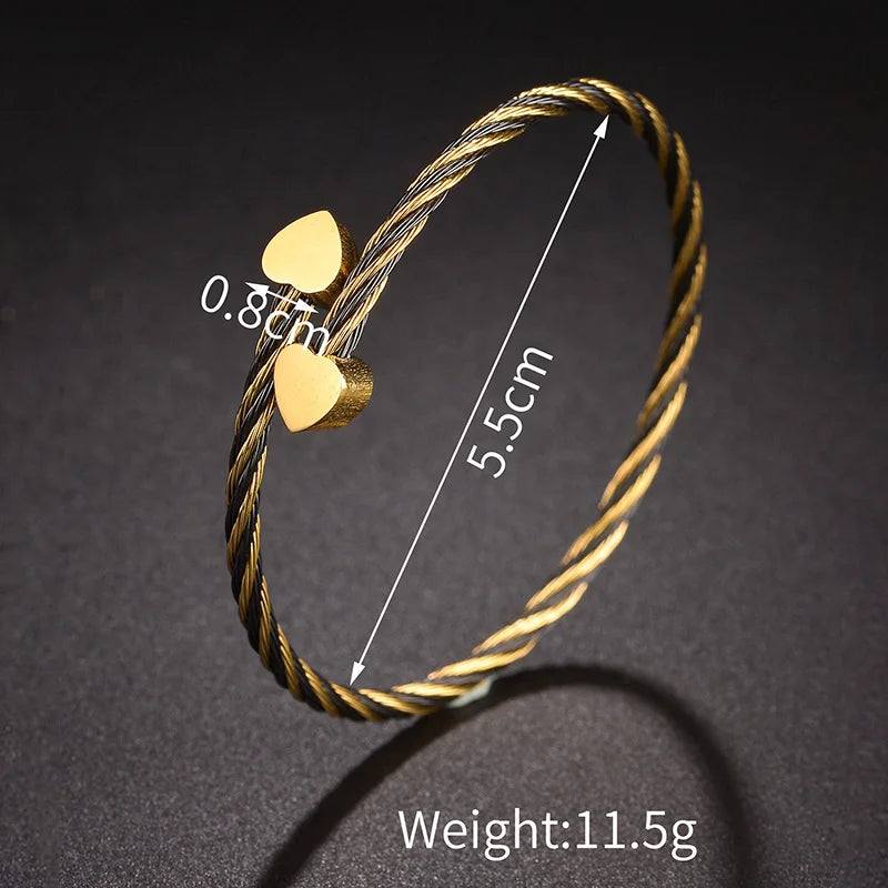 Fashion Stainless Steel Heart Bangle For Women Gold Color With Black Twist Bracelets Girl Jewelry Party Gift - Lunelle London