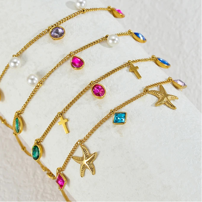 Luxury Gold Charm Anklet – Colorful Crystal, Pearl & Pendant Chain Anklet - Lunelle London