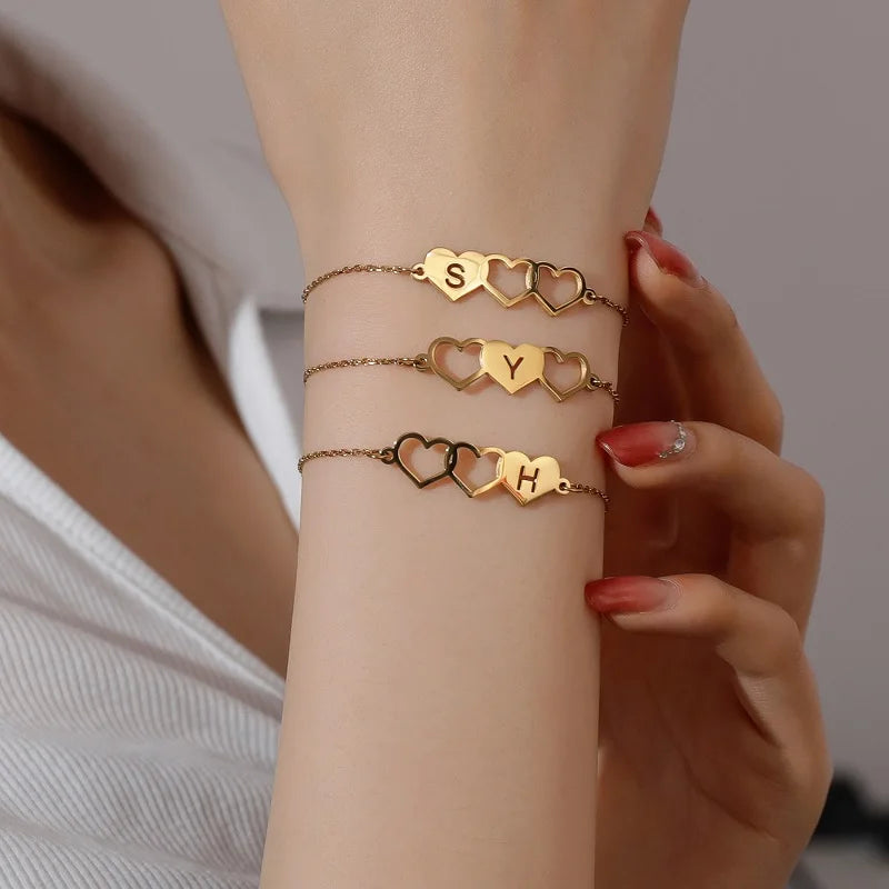 Personalised Triple Heart Initial Anklet – Custom Gold Chain Anklet - Lunelle London
