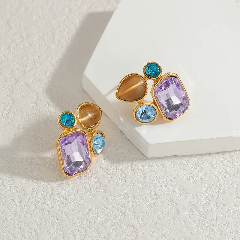 Luxury Colorful Gemstone Stud Earrings – 18K Gold-Plated Statement Crystal Earring - Lunelle London