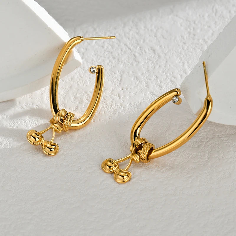 Gold Cherry Hoop Earrings – Luxury Stainless Steel Drop Earrings with Crystal Accent - Lunelle London