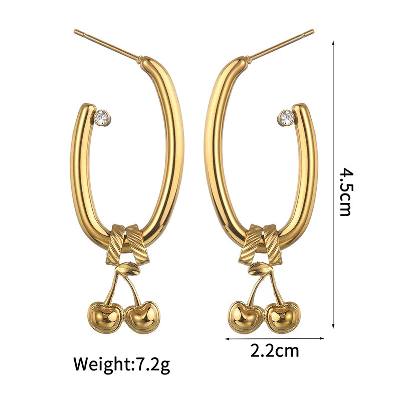 Gold Cherry Hoop Earrings – Luxury Stainless Steel Drop Earrings with Crystal Accent - Lunelle London