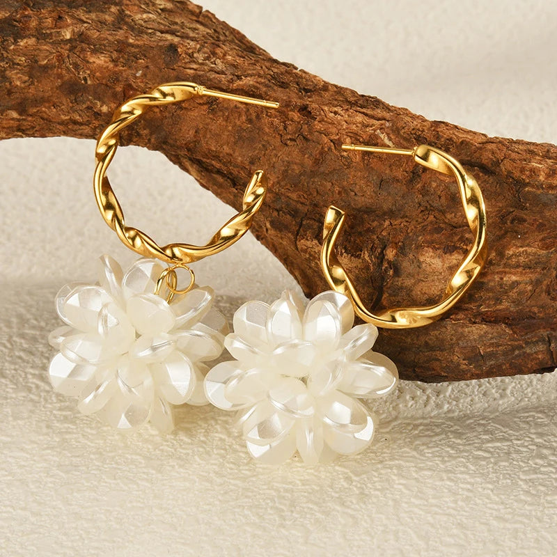 Gold Twisted Hoop Flower Earrings – Classic White Petal Drop Earring - Lunelle London