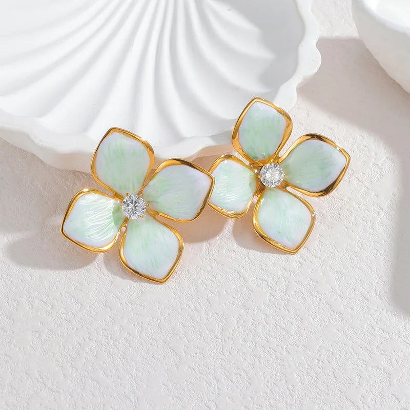 Gold Enamel Flower Stud Earrings - Petal Earrings with Crystal Center - Lunelle London